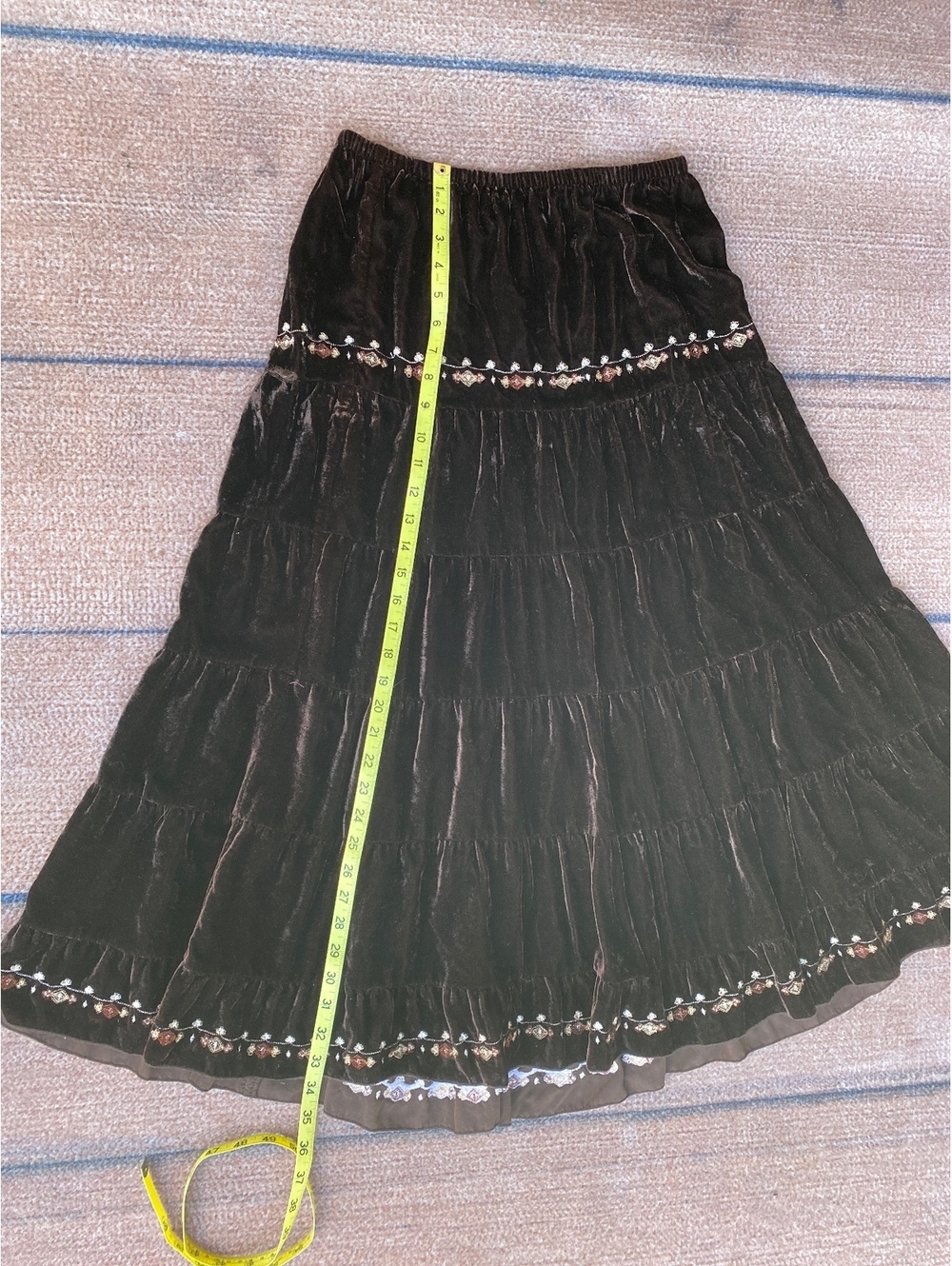 Boho chic chocolate brown embroidered tiered velvet maxi skirt Ren Faire fairy M - Picture 4 of 6